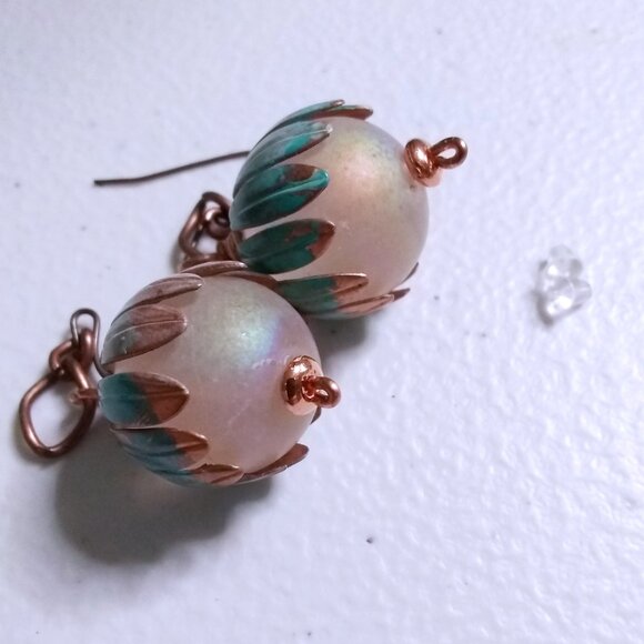 Bold Beauties! Patina Painted Copper & Lightweight Floral Blossom Globe Earrings - Picture 8 of 11
